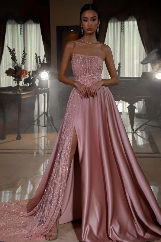 prom dress fitting advicePink Strapless Sleeveless Sequins A-Line Prom Dress With Split gh724