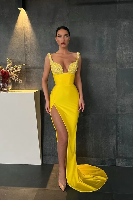 prom dresses with sheer overlaysYellow Sequins Straps Mermaid Prom Dress With Slit gh638