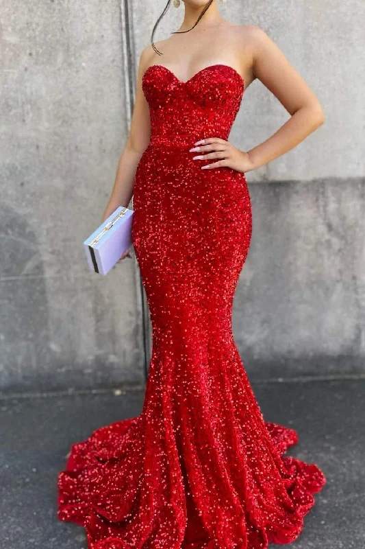 thigh-high slit prom dressesRed Sweetheart Long Mermaid Prom Dress With Sequins gh754