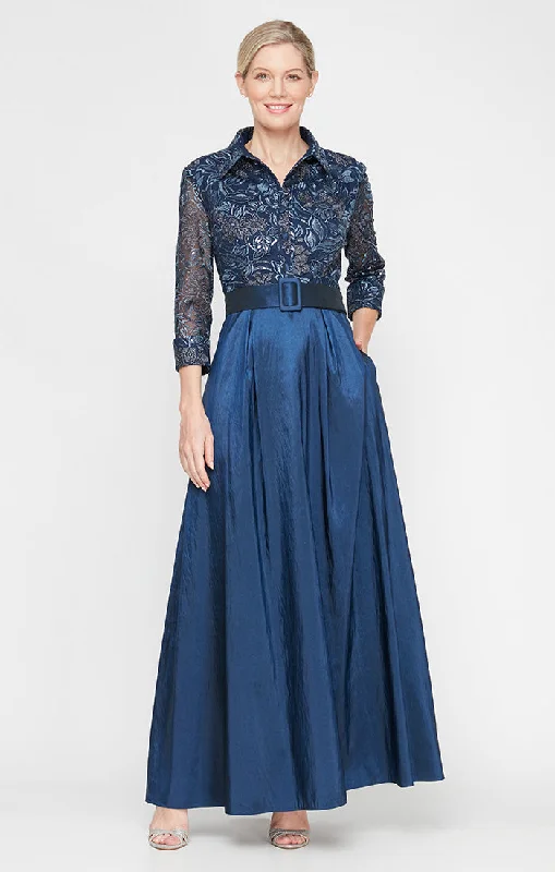 affordable maxi dressesLong A-Line Stretch Tulle Dress with Embroidered Bodice, Illusion Sleeves and Structured Belt