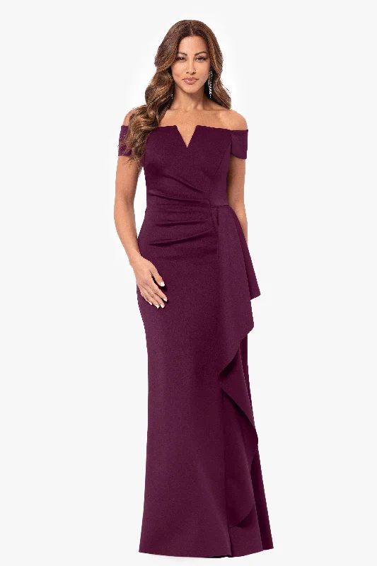 maxi dresses for parties"Jenine" Long Scuba Crepe Off the Shoulder Dress