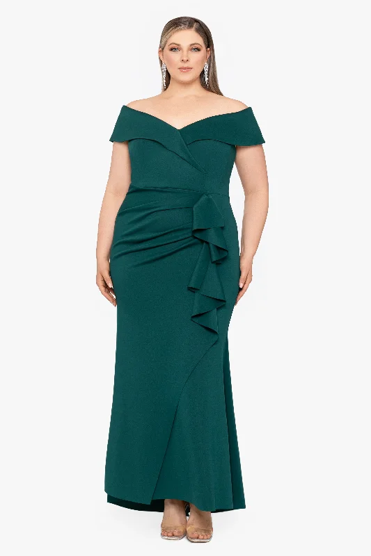 maxi dresses with flutter sleevesPlus "Patti" Long Off the Shoulder Scuba Crepe Dress