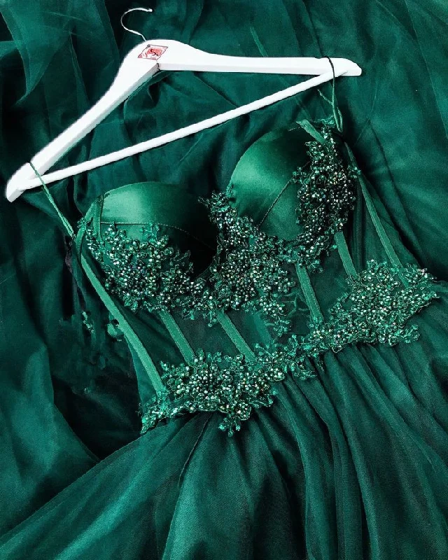 prom dresses for short girlsSweetheart Green A Line Prom Dress,Applique Beaded Sleeveless Long Prom Dresses gh1088