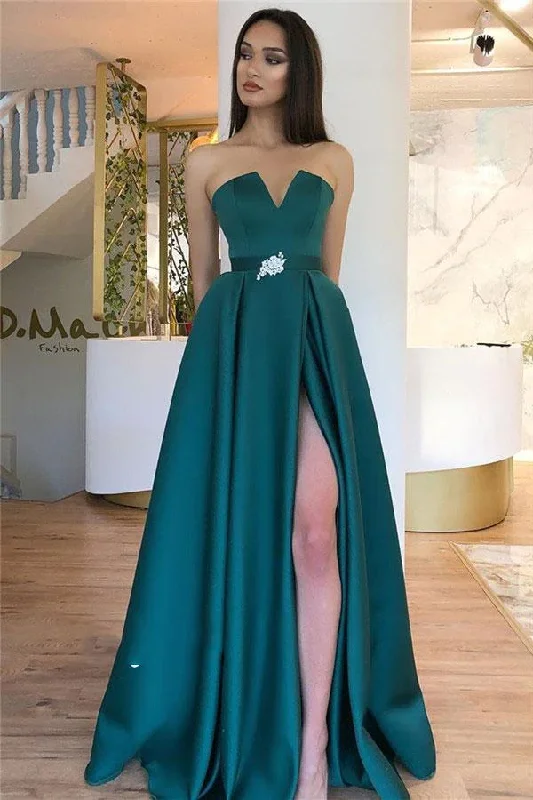 prom dresses with sequin detailingElegant Prom Dresses V Neck Strapless Satin Teal Beaded Belt Side Slit gh1074