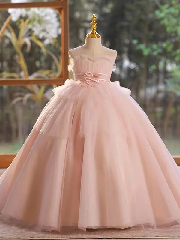 maxi dresses with front pocketsA-Line Pink Tulle Long Flower Girl Dress