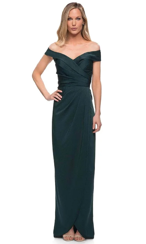 maxi dresses with high necklinesLa Femme 25206SC - Off Shoulder Surplice Long Dress