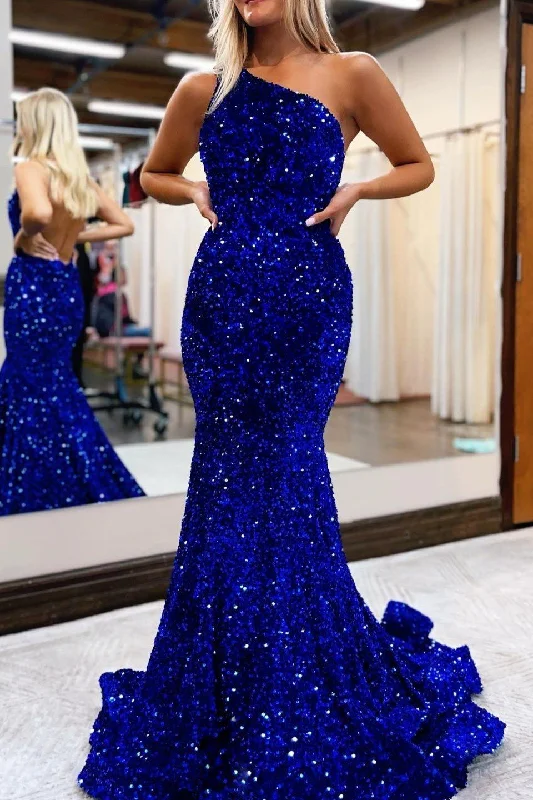 prom dresses with detachable sleevesRoyal Blue One-Shoulder Mermaid Prom Dress With Sequins gh751