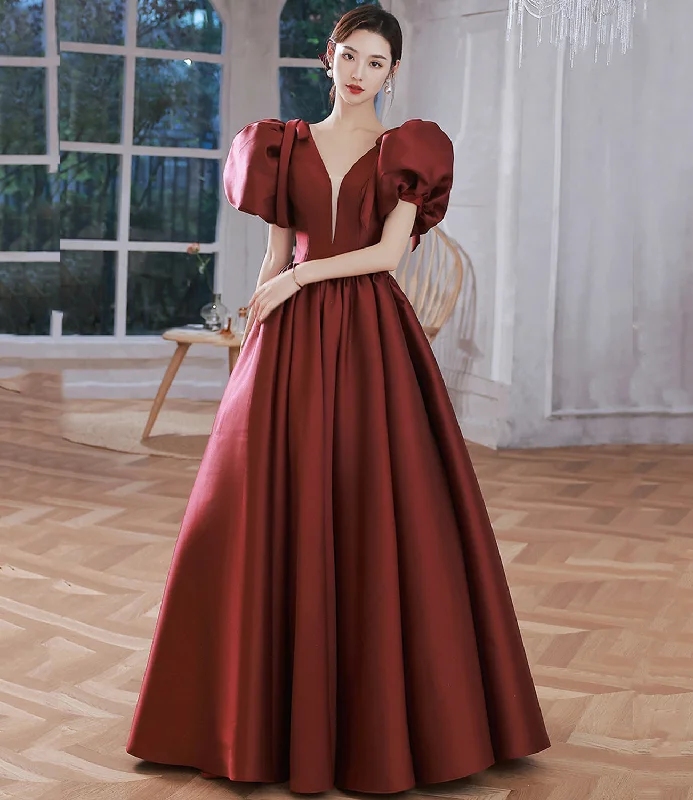 open-back prom dressesBurgundy v neck satin long prom gown A line formal gown  10212