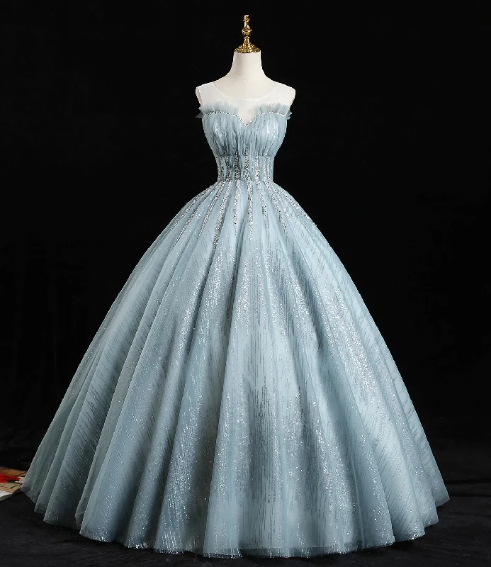 ready-to-wear prom dressesBlue tulle sequins long prom dress A line formal dress  10456