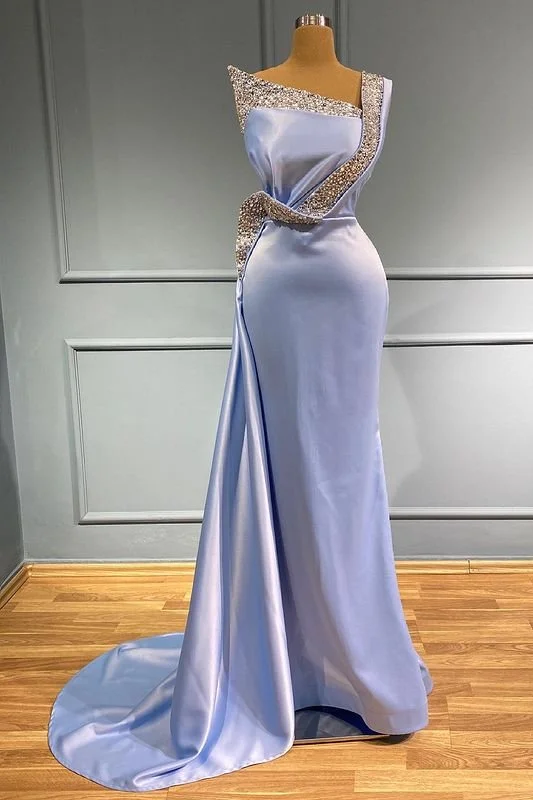 classic prom dressesLight Blue One-Shoulder Sleeveless Long Beads Mermaid Prom Dress With Ruffles gh716