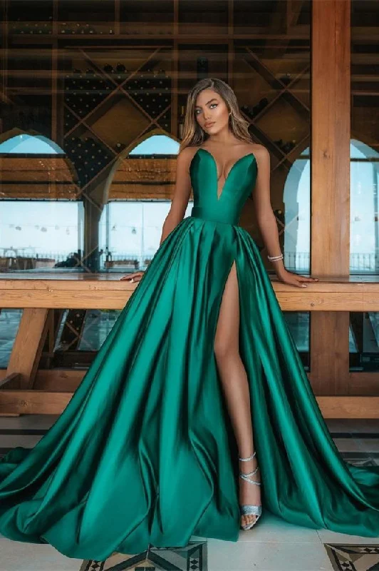 open-back prom dressesEmerald Green V-Neck Prom Dress Long With Split gh662