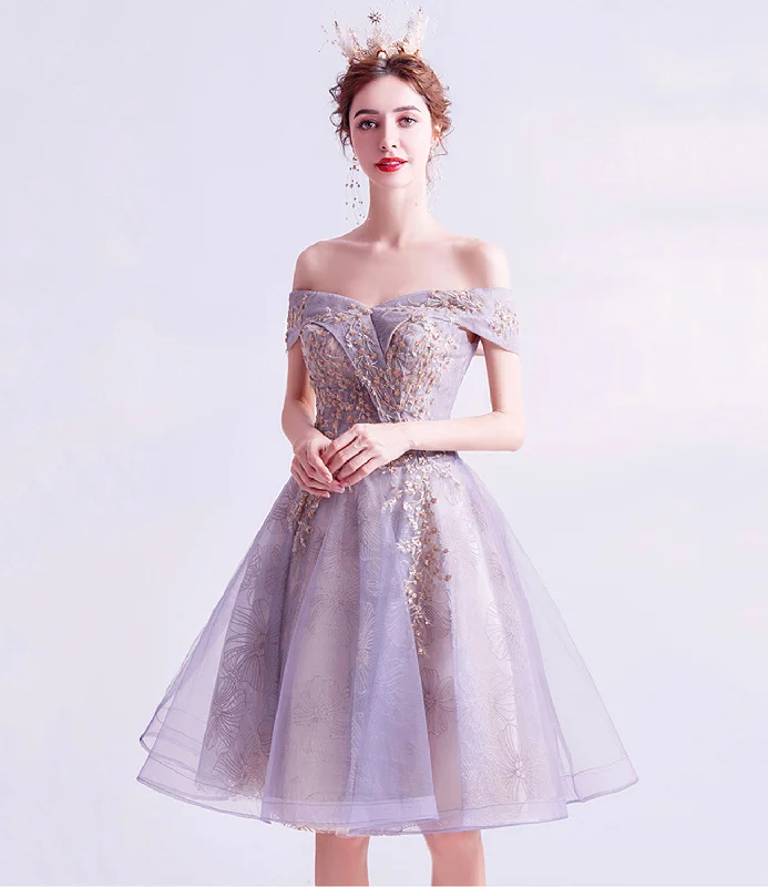 prom dresses with lace appliquésPurple tulle lace short prom dress homecoming dress  8900