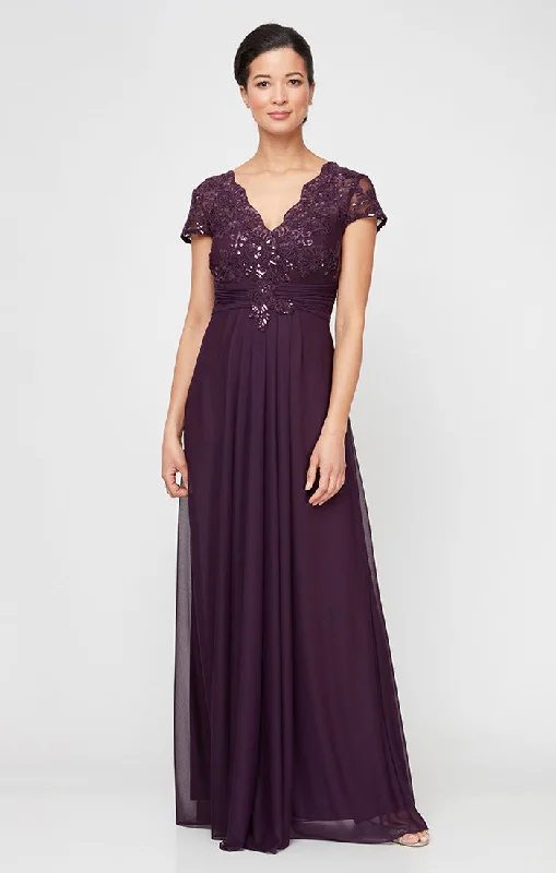 maxi dresses with pockets and sleevesLong Surplice Neckline A-Line Dress with Embroidered Pleated Waist and Scallop Detail