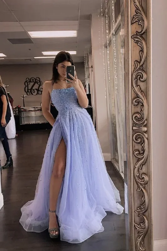 short prom dressesA-line Blue Tulle Beading Spaghetti Straps Long Prom Dress gh872