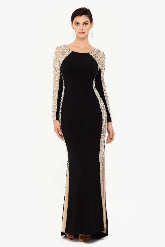 maxi dresses with cold-shoulder cuts"Sarah" Long Jersey Knit with Caviar Beaded Sides Dress