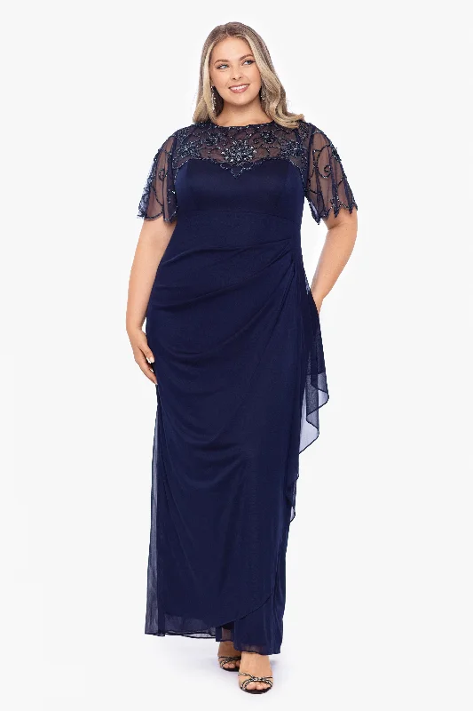 maxi dresses with keyhole backsPlus "Dahlia" Long Sheer Matte Jersey Beaded Top Dress