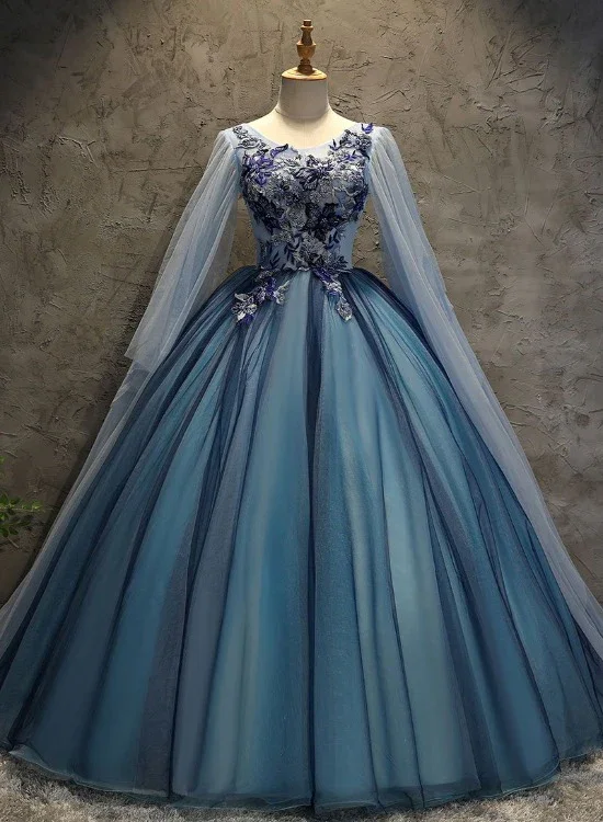 halter neck prom dressesBlue Tulle Ball Gown Long Sweet 16 Dress With Lace Applique, Prom Dress gh251