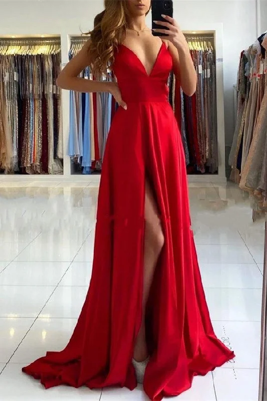 long prom dressesRed V-Neck Prom Dress With Split  gh701