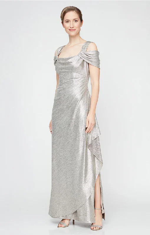 maxi dresses for day-to-night wearLong Metallic Knit Cowl Neck Cold Shoulder Dress With Cascade Detail Skirt