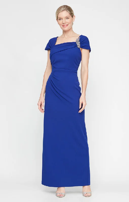 elegant maxi dressesLong Cap Sleeve Crepe Dress With Embellished Asymmetric Neckline