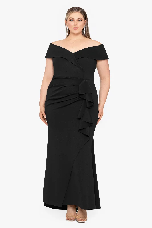 maxi dresses with embroidered patternsPlus "Patti" Long Off the Shoulder Scuba Crepe Dress