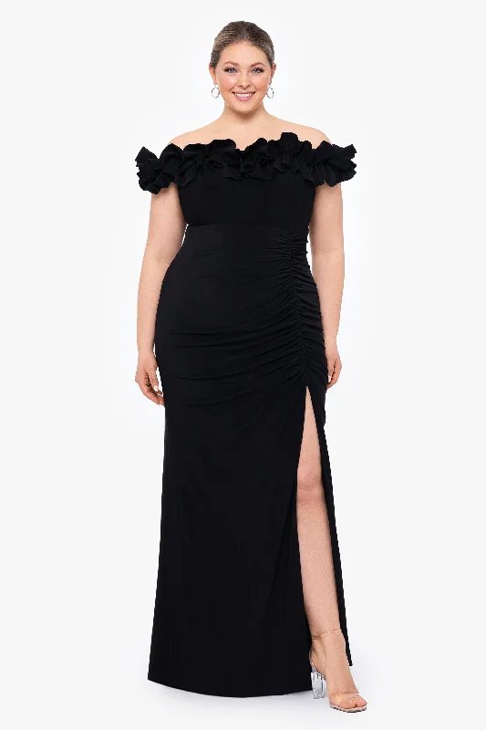 maxi dresses with empire waistsPlus "Ruthie" Long Jersey Knit Off the Shoulder Ruffle Top Dress