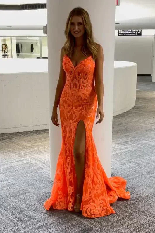 budget-friendly prom dressesSparkly Orange Mermaid V Neck Sequin Prom Dresses Long Straps Formal Gown gh1792