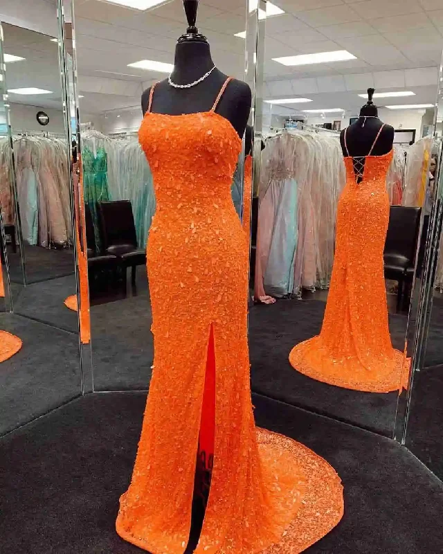 halter neck prom dressesMermaid Sequined Orange Prom Dress with Slit gh842