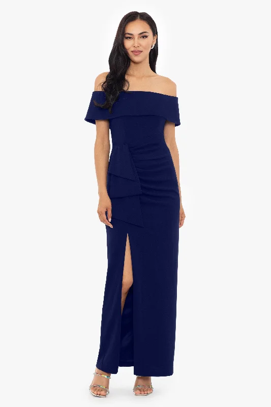 maxi dresses for college students"Camila" Long Off the Shoulder Scuba Crepe Dress