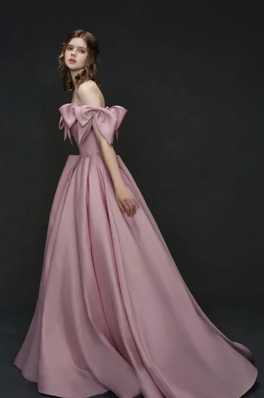 empire waist prom dressesUnique Design Pink Bow Satin Long Prom Dress Princess Dress  10585