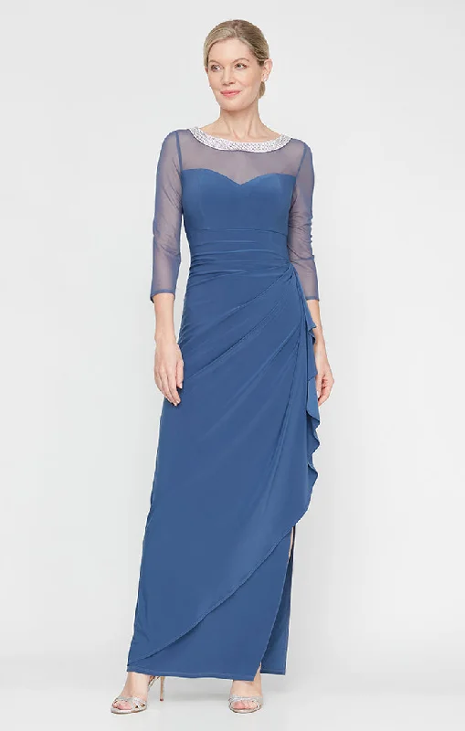 maxi dresses for cocktail partiesLong Matte Jersey Illusion 3/4 Sleeve Side Ruched Dress with Embellished Neckline