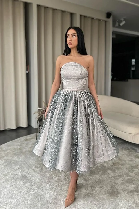 off-shoulder prom dressesSilver Strapless A-Line Short Prom Dress With Sequins gh658