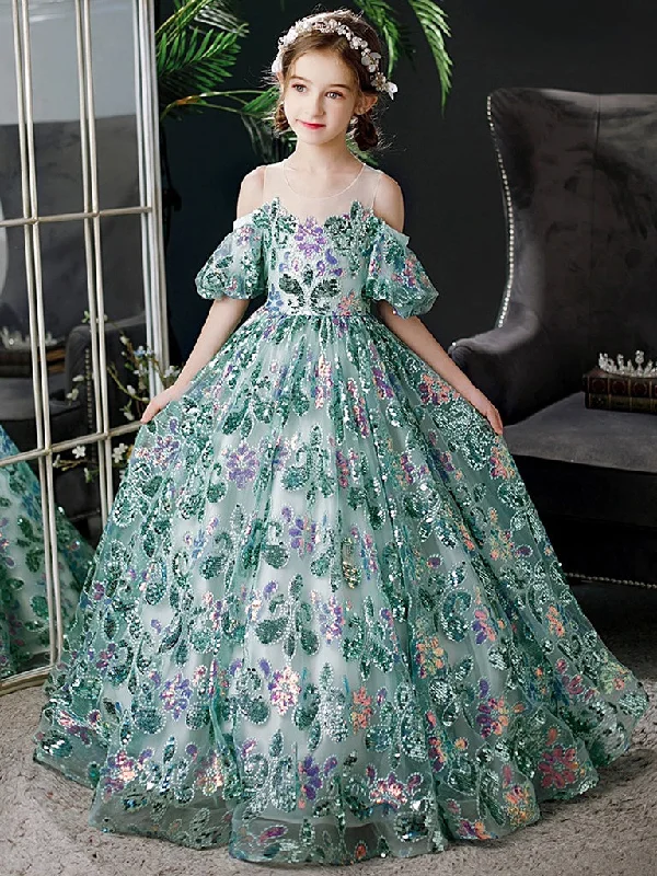 maxi dresses for maternity wearA-Line Scoop Neckline Sequin Lace Tulle Green Long Flower Girl Dress