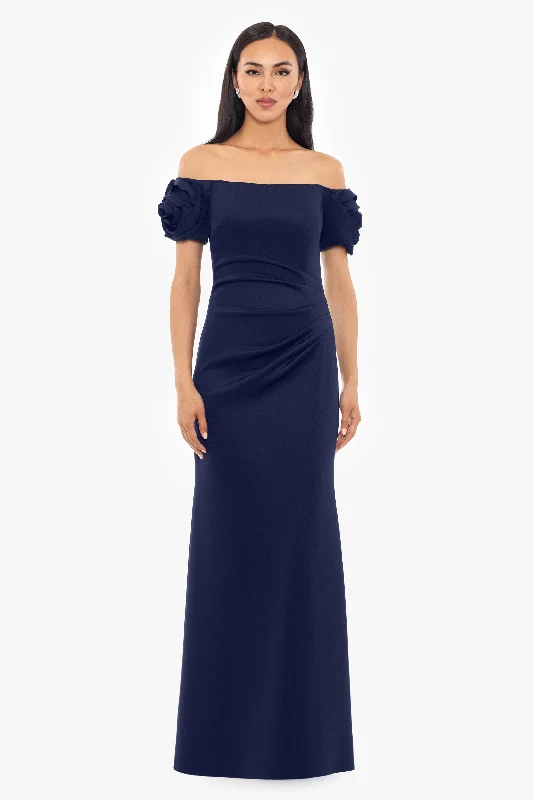 maxi dresses for mother of the bride"Phoebe" Long Off the Shoulder Techno Scuba Ruffle Sleeve Dress