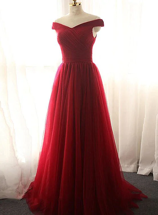 short prom dressesDark Red Tulle A-Line Long Prom Dress, Beautiful Prom Dress gh441