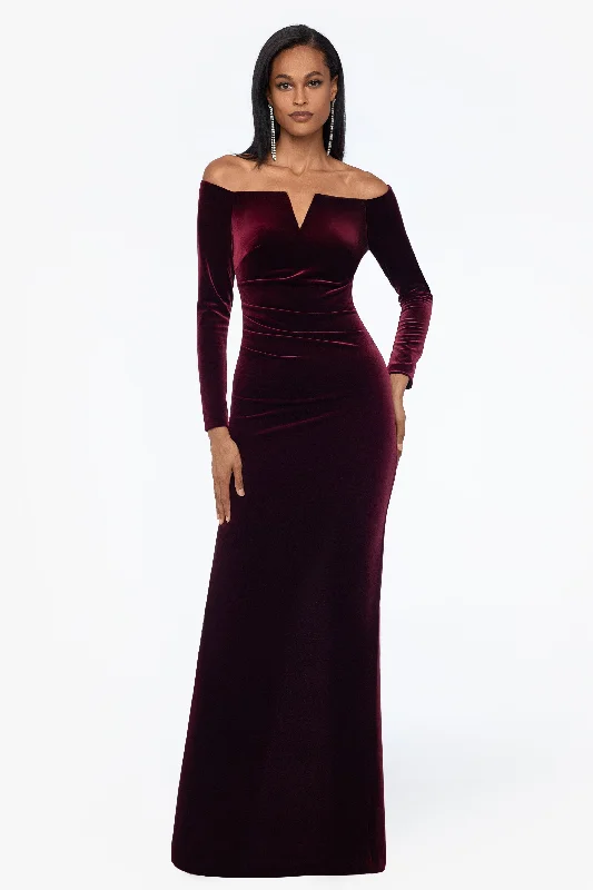 maxi dresses with built-in brasPetite "Christy" Long Off the Shoulder Velvet Dress