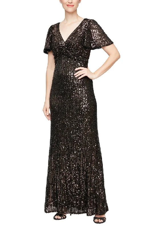 maxi dresses for black-tie eventsLong Sequin Dress with Twist Detail & Flutter Sleeves