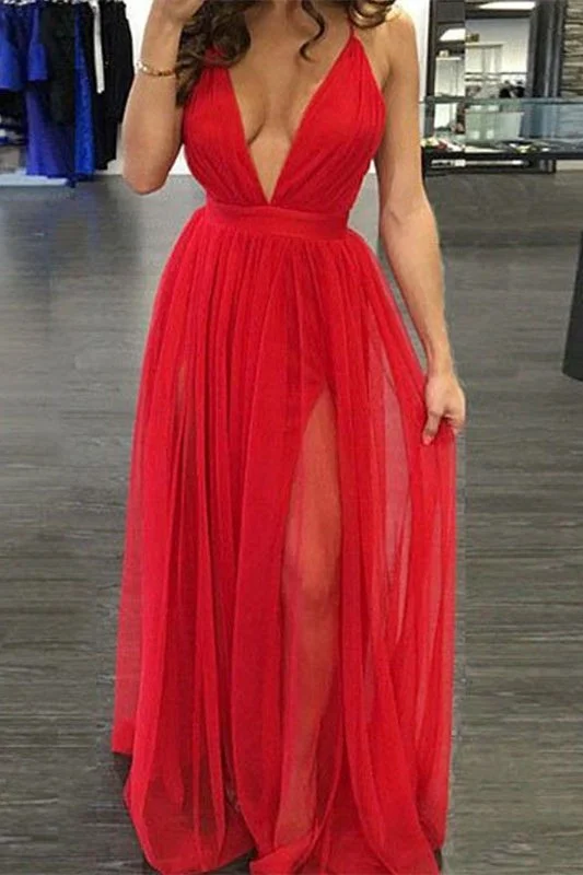 mermaid prom dressesRed Deep V-Neck Long Prom Dress With Slit gh688