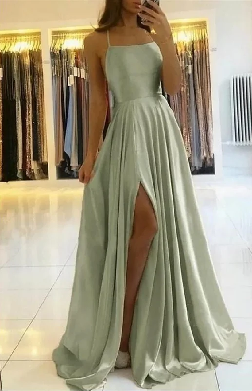 illusion sleeve prom dressesSpaghetti-Straps Prom Dress With Slit  gh693