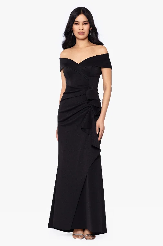 maxi dresses with back pockets"Patti" Long Off the Shoulder Scuba Crepe Dress