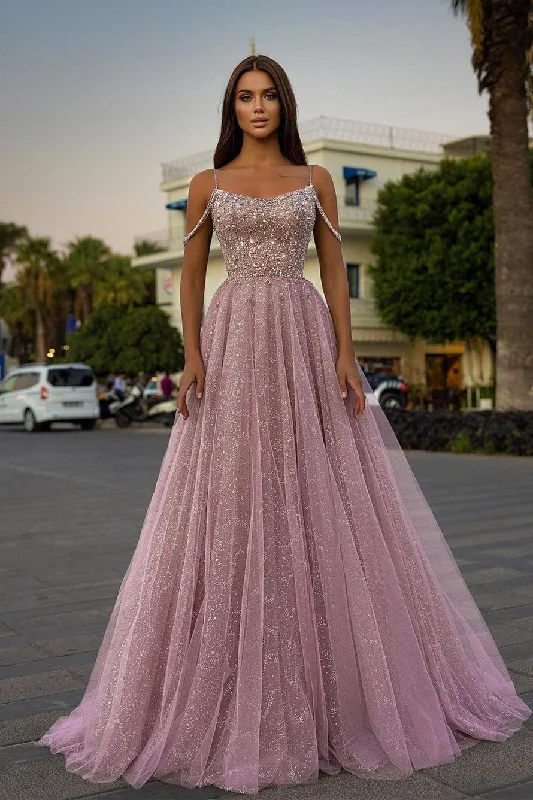 lace-up prom dressesSpaghetti-Straps Tulle A-Line Long Prom Dress With Sequins Beads gh661