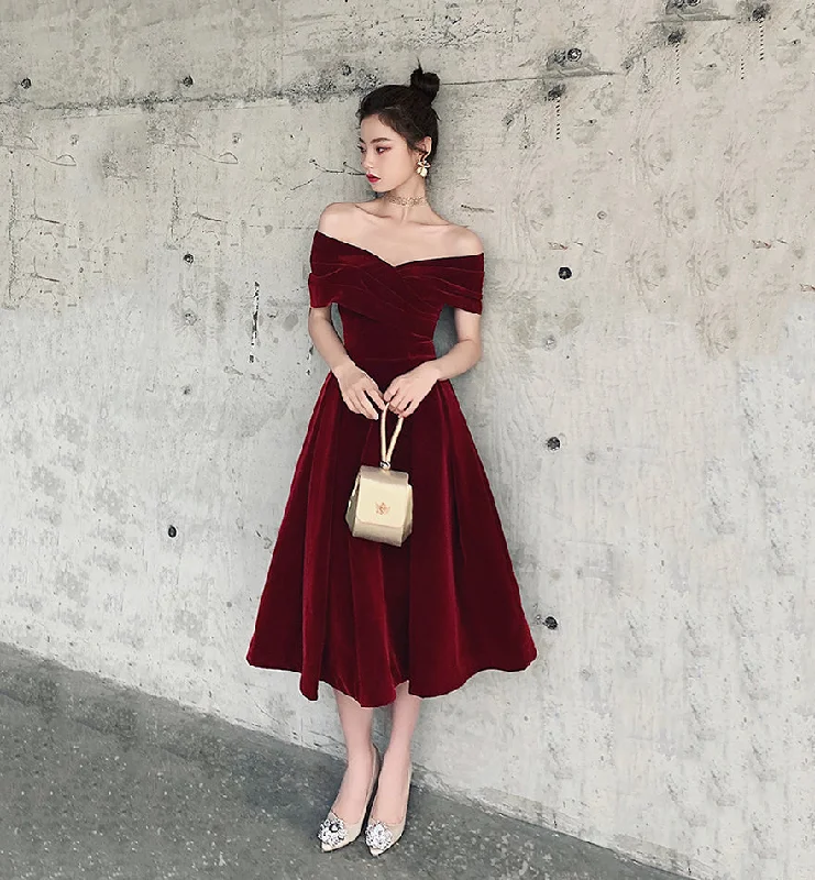 lace prom dressesBurgundy velvet short prom dress homecoming dress  8484