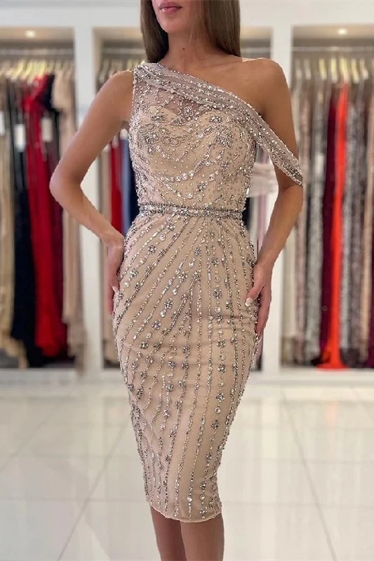 modern prom dressesLuxurious One Shoulder Sheath Short Prom Dress Knee-Length With Crystals gh715