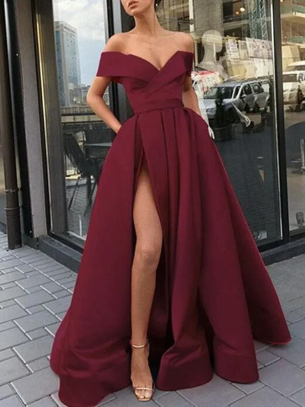 long prom dressesCustom Made High Slit Off Shoulder Burgundy Prom Dress, Burgundy Formal Dresses, Graduation Dresses  gh868