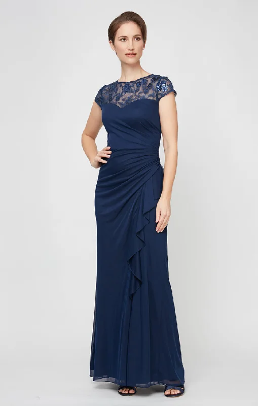 maxi dresses for petite womenLong Cascade Detail Dress with Embroidered Illusion Neckline and Cap Sleeves