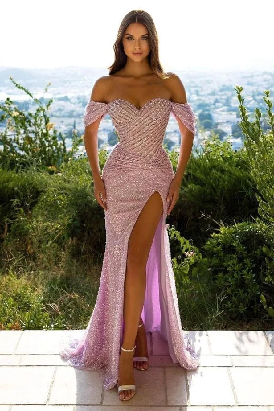 glamorous prom dressesOff-the-Shoulder Sequins Mermaid Prom Dress Split gh617