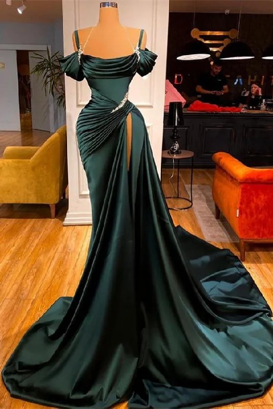 satin prom dressesGreen Off-the-Shoulder Prom Dress Long Slit gh613