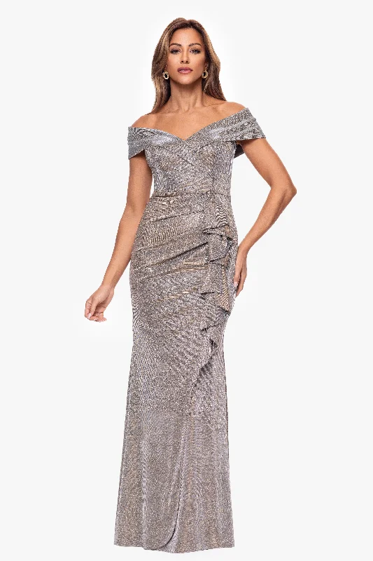 silk maxi dressesPetite "Raveena" Long Foil Knit Off the Shoulder Floor Length Ruffle Dress