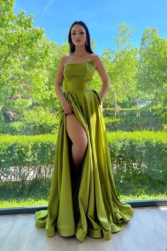 metallic prom dressesElegant Green Strapless A-Line Prom Dress With Split gh774