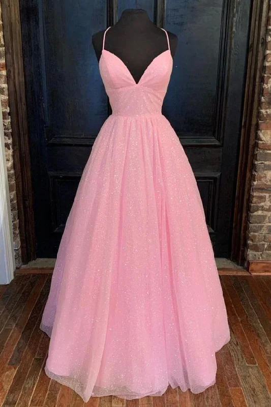 tulle prom dressesempire pink shiny tulle long prom dress 2024  gh924